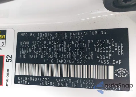 2022 Toyota Camry Se from USA, damaged, VIN 4T1G11AK3NU665262